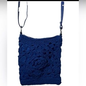 Navy Blue Crocheted Crossbody Floral Purse Shoulder Bag Square Zipper Top Lined